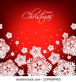 Merry Christmas Party invitation. White Origami Paper cut snowflake. Happy New Year Decoration. Winter snowflakes background. Seasonal holidays. Snowfall. Origami. Red background. Vector 3D