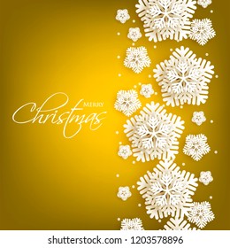 Merry Christmas Party invitation. White Origami Paper cut snowflake. Happy New Year Decoration. Winter snowflakes background. Seasonal holidays. Snowfall. Origami. Yellow Gray background. Vector 3D