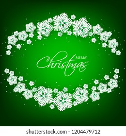 Merry Christmas Party invitation. White Origami Paper cut snowflake. Happy New Year Decoration. Winter snowflakes background. Seasonal holidays. Snowfall. Origami. Green background. Vector 3D