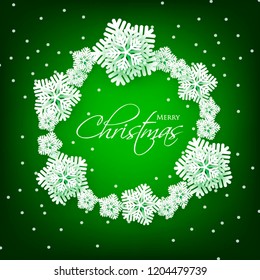 Merry Christmas Party invitation. White Origami Paper cut snowflake. Happy New Year Decoration. Winter snowflakes background. Seasonal holidays. Snowfall. Origami. Green background. Vector 3D