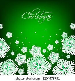 Merry Christmas Party invitation. White Origami Paper cut snowflake. Happy New Year Decoration. Winter snowflakes background. Seasonal holidays. Snowfall. Origami. Green background. Vector 3D