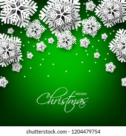 Merry Christmas Party invitation. White Origami Paper cut snowflake. Happy New Year Decoration. Winter snowflakes background. Seasonal holidays. Snowfall. Origami. Green background. Vector 3D