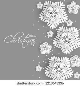 Merry Christmas Party invitation. White Origami Paper cut snow flake. Happy New Year Decoration. Winter snowflakes background. Seasonal holidays. Snowfall. Origami. Gray background. Vector