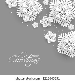 Merry Christmas Party invitation. White Origami Paper cut snow flake. Happy New Year Decoration. Winter snowflakes background. Seasonal holidays. Snowfall. Origami. Gray background. Vector