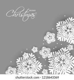 Merry Christmas Party invitation. White Origami Paper cut snow flake. Happy New Year Decoration. Winter snowflakes background. Seasonal holidays. Snowfall. Origami. Gray background. Vector