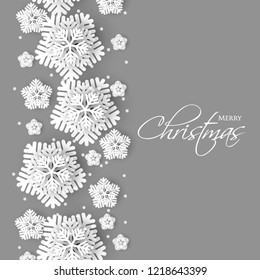 Merry Christmas Party invitation. White Origami Paper cut snow flake. Happy New Year Decoration. Winter snowflakes background. Seasonal holidays. Snowfall. Origami. Gray background. Vector