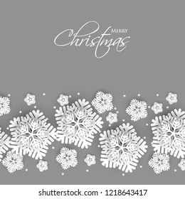 Merry Christmas Party invitation. White Origami Paper cut snow flake. Happy New Year Decoration. Winter snowflakes background. Seasonal holidays. Snowfall. Origami. Gray background. Vector