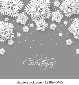 Merry Christmas Party invitation. White Origami Paper cut snow flake. Happy New Year Decoration. Winter snowflakes background. Seasonal holidays. Snowfall. Origami. Gray background. Vector