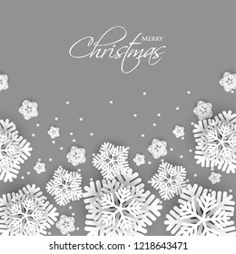 Merry Christmas Party invitation. White Origami Paper cut snow flake. Happy New Year Decoration. Winter snowflakes background. Seasonal holidays. Snowfall. Origami. Gray background. Vector
