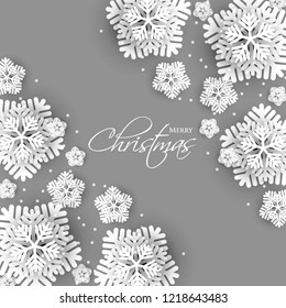 Merry Christmas Party invitation. White Origami Paper cut snow flake. Happy New Year Decoration. Winter snowflakes background. Seasonal holidays. Snowfall. Origami. Gray background. Vector