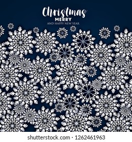 Merry Christmas Party invitation. White Origami Paper cut snow flake. Happy New Year Decoration. Winter snowflakes background. Seasonal holidays. Snowfall. Origami. Navy blue background. Vector