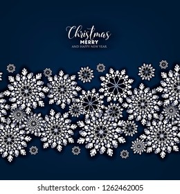 Merry Christmas Party invitation. White Origami Paper cut snow flake. Happy New Year Decoration. Winter snowflakes background. Seasonal holidays. Snowfall. Origami. Navy blue background. Vector