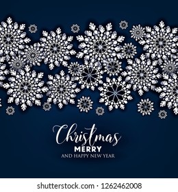 Merry Christmas Party invitation. White Origami Paper cut snow flake. Happy New Year Decoration. Winter snowflakes background. Seasonal holidays. Snowfall. Origami. Navy blue background. Vector