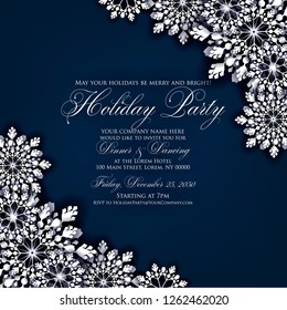 Merry Christmas Party invitation. White Origami Paper cut snow flake. Happy New Year Decoration. Winter snowflakes background. Seasonal holidays. Snowfall. Origami. Navy blue background. Vector