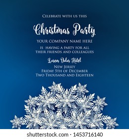 Merry Christmas Party invitation. White Origami Paper cut snow flake. Happy New Year card Decoration. Winter snowflakes background. Seasonal holidays. Snowfall. Origami. Blue background. Vector