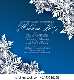 Merry Christmas Party invitation. White Origami Paper cut snow flake. Happy New Year card Decoration. Winter snowflakes background. Seasonal holidays. Snowfall. Origami. Blue background. Vector