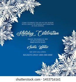 Merry Christmas Party invitation. White Origami Paper cut snow flake. Happy New Year card Decoration. Winter snowflakes background. Seasonal holidays. Snowfall. Origami. Blue background. Vector