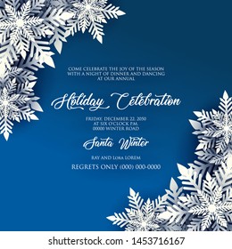 Merry Christmas Party invitation. White Origami Paper cut snow flake. Happy New Year card Decoration. Winter snowflakes background. Seasonal holidays. Snowfall. Origami. Blue background. Vector