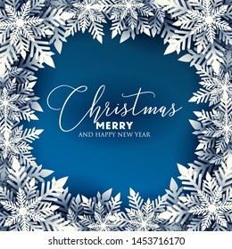 Merry Christmas Party invitation. White Origami Paper cut snow flake. Happy New Year card Decoration. Winter snowflakes background. Seasonal holidays. Snowfall. Origami. Blue background. Vector