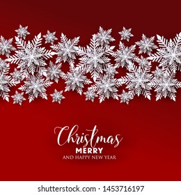 Merry Christmas Party invitation. White Origami Paper cut snow flake. Happy New Year card Decoration. Winter snowflakes background. Seasonal holidays. Snowfall. Origami. Red background. Vector