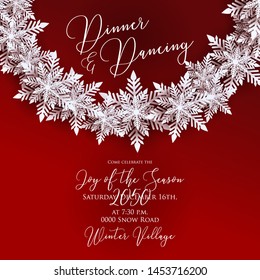 Merry Christmas Party invitation. White Origami Paper cut snow flake. Happy New Year card Decoration. Winter snowflakes background. Seasonal holidays. Snowfall. Origami. Red background. Vector