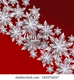 Merry Christmas Party invitation. White Origami Paper cut snow flake. Happy New Year card Decoration. Winter snowflakes background. Seasonal holidays. Snowfall. Origami. Red background. Vector