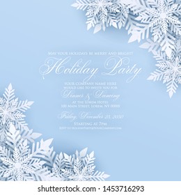 Merry Christmas Party invitation. White Origami Paper cut snow flake. Happy New Year card Decoration. Winter snowflakes background. Seasonal holidays. Snowfall. Origami. Blue background. Vector