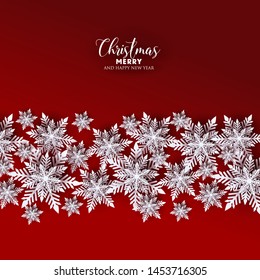 Merry Christmas Party invitation. White Origami Paper cut snow flake. Happy New Year card Decoration. Winter snowflakes background. Seasonal holidays. Snowfall. Origami. red background. Vector