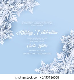 Merry Christmas Party invitation. White Origami Paper cut snow flake. Happy New Year card Decoration. Winter snowflakes background. Seasonal holidays. Snowfall. Origami. Blue background. Vector