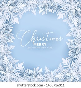 Merry Christmas Party invitation. White Origami Paper cut snow flake. Happy New Year card Decoration. Winter snowflakes background. Seasonal holidays. Snowfall. Origami. Blue background. Vector