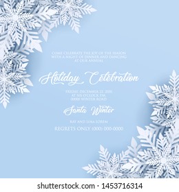 Merry Christmas Party invitation. White Origami Paper cut snow flake. Happy New Year card Decoration. Winter snowflakes background. Seasonal holidays. Snowfall. Origami. Blue background. Vector