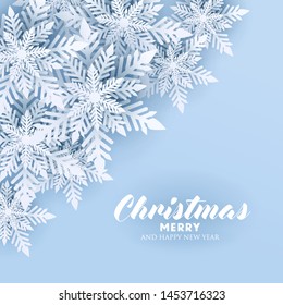 Merry Christmas Party invitation. White Origami Paper cut snow flake. Happy New Year card Decoration. Winter snowflakes background. Seasonal holidays. Snowfall. Origami. Blue background. Vector