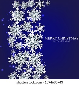 Merry Christmas Party invitation. White Origami Paper cut snow flake. Happy New Year card Decoration. Winter snowflakes background. Seasonal holidays. Snowfall. Origami. Blue background. Vector