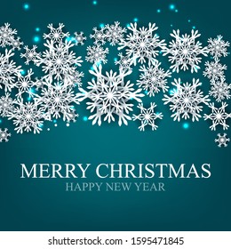 Merry Christmas Party invitation. White Origami Paper cut snow flake. Happy New Year card Decoration. Winter snowflakes green background. Seasonal holidays. Snowfall. Origami. Blue background. Vector