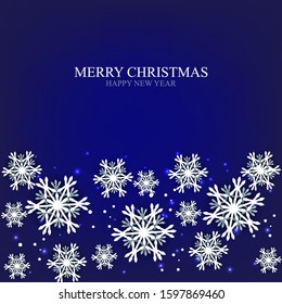 Merry Christmas Party invitation. White Origami Paper cut snow flake. Happy New Year card Decoration. Winter snowflakes background. Seasonal holidays. Snowfall. Origami. Blue background. Vector