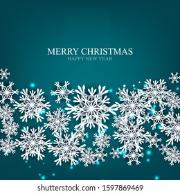 Merry Christmas Party invitation. White Origami Paper cut snow flake. Happy New Year card Decoration. Winter snowflakes green background. Seasonal holidays. Snowfall. Origami. Blue background. Vector