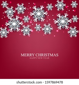 Merry Christmas Party invitation. White Origami Paper cut snow flake. Happy New Year card Decoration. Winter snowflakes red background. Seasonal holidays. Snowfall. Origami. Blue background. Vector