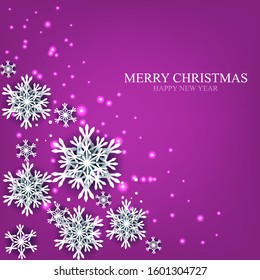 Merry Christmas Party invitation. White Origami Paper cut snow flake. Happy New Year card Decoration. Winter snowflakes red background. Seasonal holidays. Snowfall. Origami. Blue background. Vector