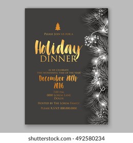 Merry Christmas Party Invitation/ Winter Holiday Party Invitation With Christmas Tree, Pine , Fir Branch Red Berry Christmas Lights Garland