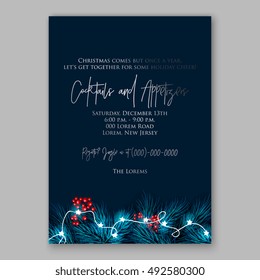 Merry Christmas party invitation/ Winter holiday party invitation with christmas tree, pine , fir branch red berry christmas lights garland