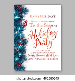 Merry Christmas party invitation/ Winter holiday party invitation with christmas tree, pine , fir branch red berry christmas lights garland