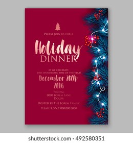 Merry Christmas party invitation/ Winter holiday party invitation with christmas tree, pine , fir branch red berry christmas lights garland