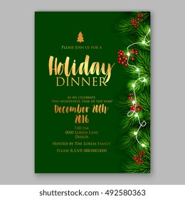 Merry Christmas party invitation/ Winter holiday party invitation with christmas tree, pine , fir branch red berry christmas lights garland