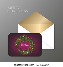 Merry Christmas party invitations card with envelope template. Card decorated with Christmas wreath. Vector format.