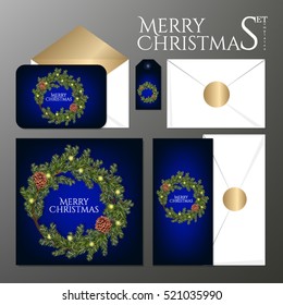 Merry Christmas party invitations set with envelope template. Cards decorated with Christmas wreath and have enough copy space. Vector format.
