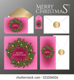 Merry Christmas party invitations set with envelope template. Cards decorated with Christmas wreath and have enough copy space. Vector format.