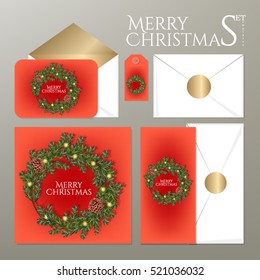 Merry Christmas party invitations set with envelope template. Cards decorated with Christmas wreath and have enough copy space. Vector format.