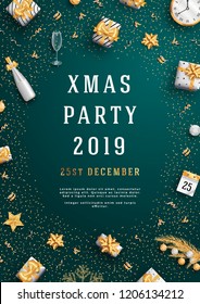 Merry Christmas party layout poster poster or flyer template. Christmas holidays invitation with design elements. Vector Illustration.