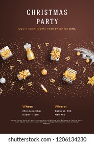 Merry Christmas party layout poster poster or flyer template. Christmas holidays invitation with design elements. Vector Illustration.