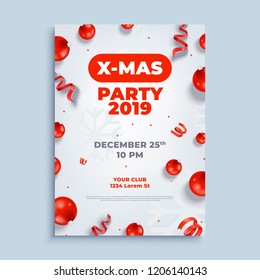 Merry Christmas party layout poster poster or flyer template. Christmas holidays invitation with design elements. Vector Illustration.